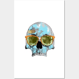 Turquoise skull with plaster bandage and broken sun glasses Posters and Art